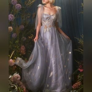 New floor length long blue tulle corset bodice embroidered gold silver embellish